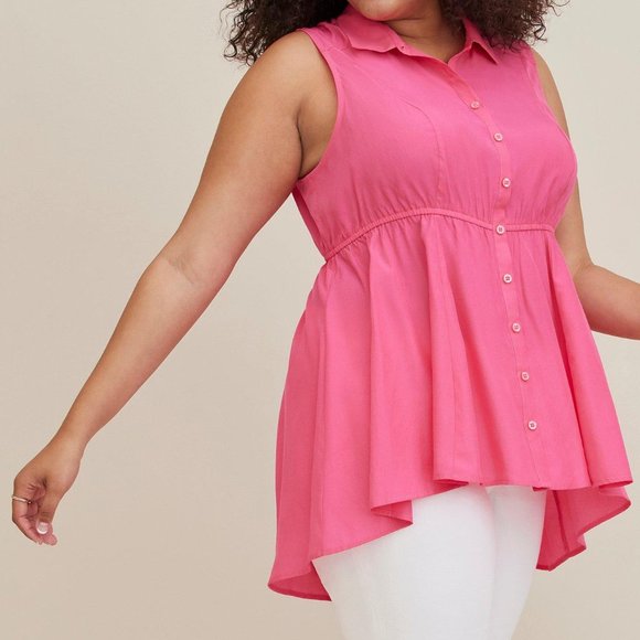Torrid Babydoll Poplin Button-Front Hi-Low Shirt Sleeveless Pink - Picture 3 of 12